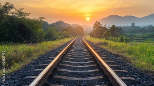 Railway track in the evening in sunset. Track railway train for transportation, Rail road