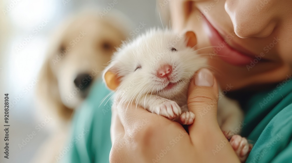 A person is seen cuddling a small white hamster with a content smile, while a dog curiously observes in the background. The image captures the interspecies affection beautifully. A person is seen cuddling a small white hamster with a content smile, while a dog curiously observes in the background. The image captures the interspecies affection beautifully.