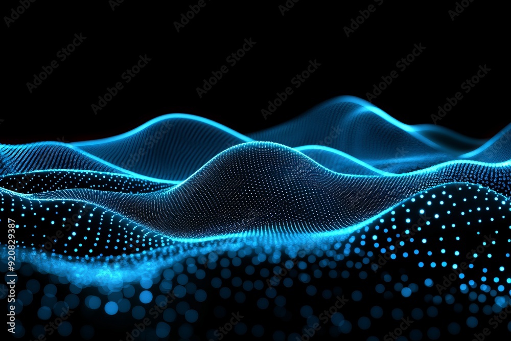 Flowing particles of abstract wave motion with dots in a hi-tech and big data background design. Flowing particles of abstract wave motion with dots in a hi-tech and big data background design.