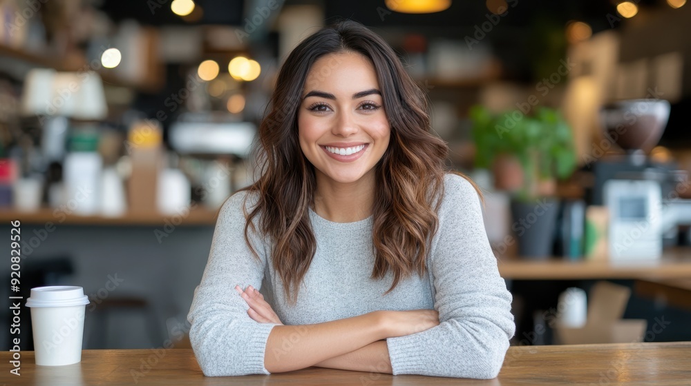 A young woman is seen smiling with her arms crossed, sitting in a nicely decorated café, wearing a grey sweater and surrounded by coffee cups and indoor plants. A young woman is seen smiling with her arms crossed, sitting in a nicely decorated café, wearing a grey sweater and surrounded by coffee cups and indoor plants.