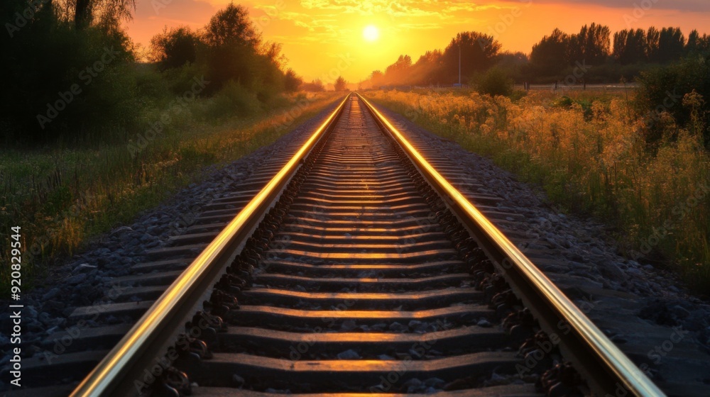 Railway track in the evening in sunset. Track railway train for transportation, Rail road Railway track in the evening in sunset. Track railway train for transportation, Rail road