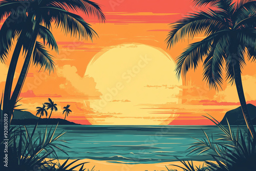 Zeichnung Sonnenuntergang mit Palmen am Strand