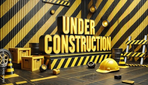 Work in Progress: A 3D rendering of a vibrant construction site, buzzing with tools and hazard stripes, prominently featuring the bold words 