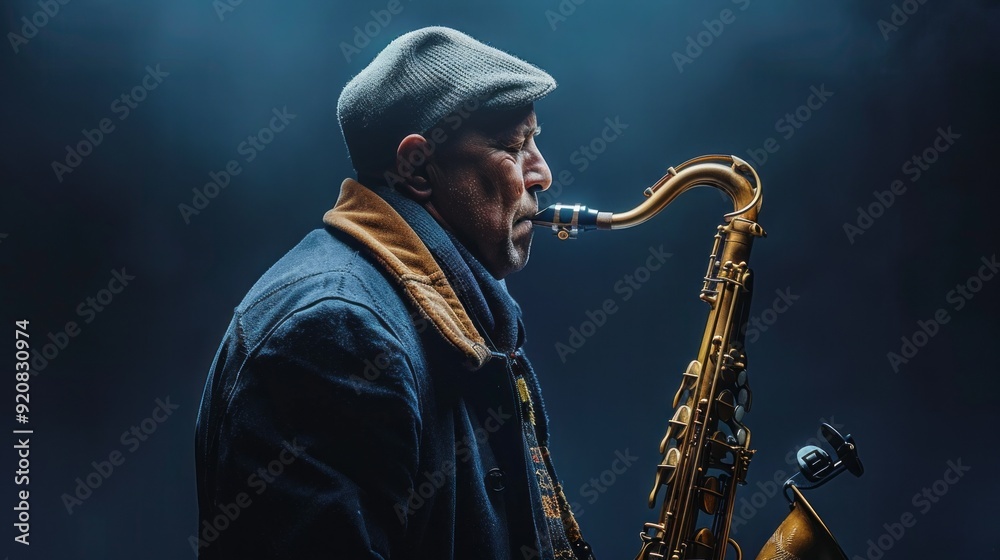 Naklejka premium A man playing a saxophone with a hat on