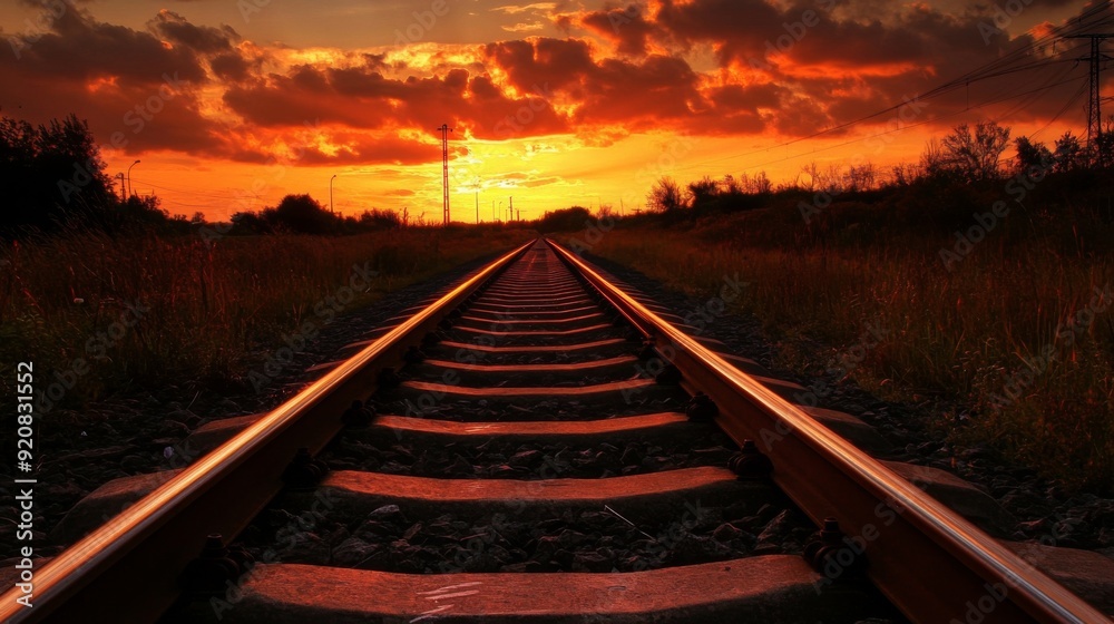 Railway track in the evening in sunset. Track railway train for transportation, Rail road Railway track in the evening in sunset. Track railway train for transportation, Rail road