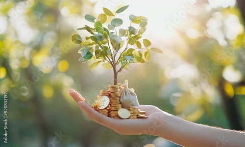 hand holding tree and money coins photo