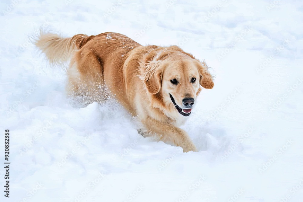 Golden Retriever Happily Exploring Fresh Snow in a Winter Landscape Golden Retriever Happily Exploring Fresh Snow in a Winter Landscape