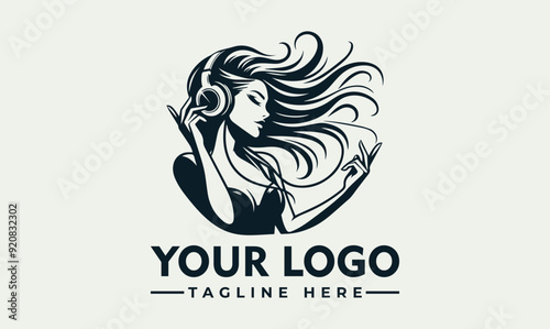 Woman with long hair wearing headphones vector logo Woman with long hair and headphones listening to music in a stylish dress. Suitable for music or fashionrelated concepts. photo