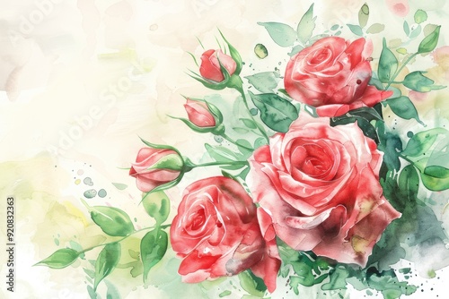 Romantic Roses Wedding Invitation with Watercolor Illustration and Copy Space