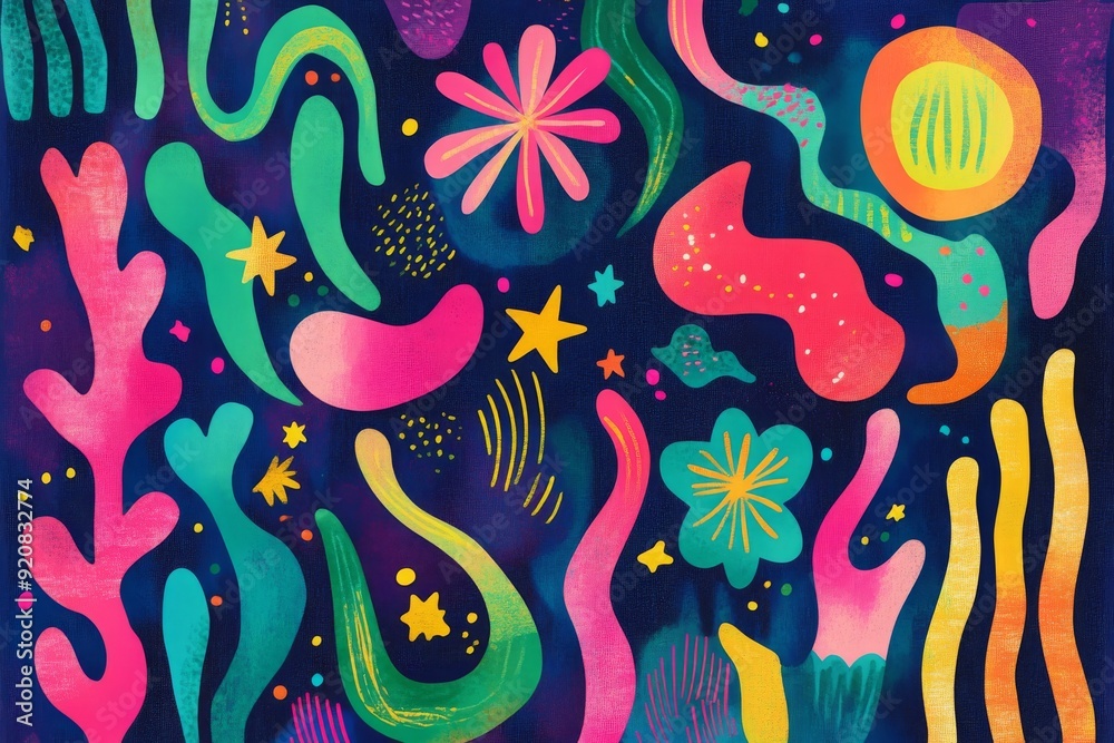 Vibrant colors and playful shapes in a lively arrangement. Background for children's activities and summer festivals Vibrant colors and playful shapes in a lively arrangement. Background for children's activities and summer festivals