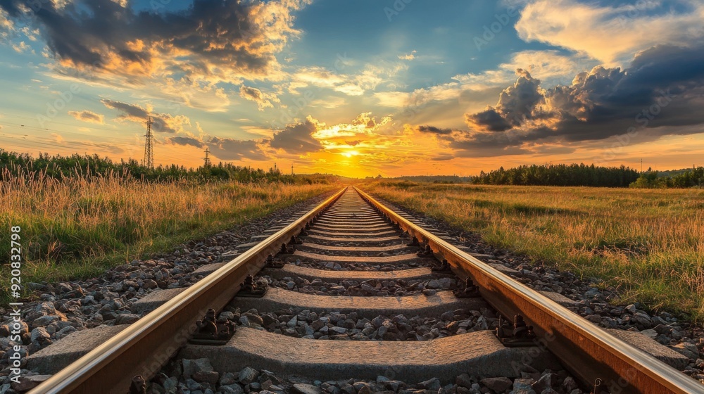 Railway track in the evening in sunset. Track railway train for transportation, Rail road Railway track in the evening in sunset. Track railway train for transportation, Rail road