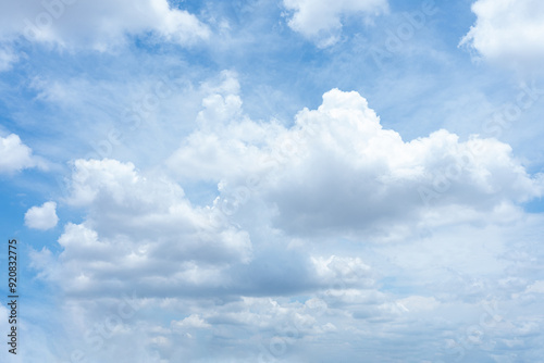 Bright blue sky with fluffy white clouds on a sunny day