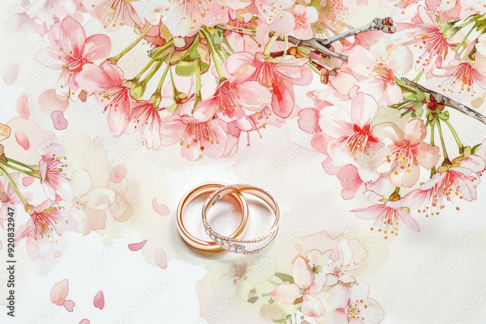 Romantic Wedding Rings with Spring Blossoms Watercolor Illustration