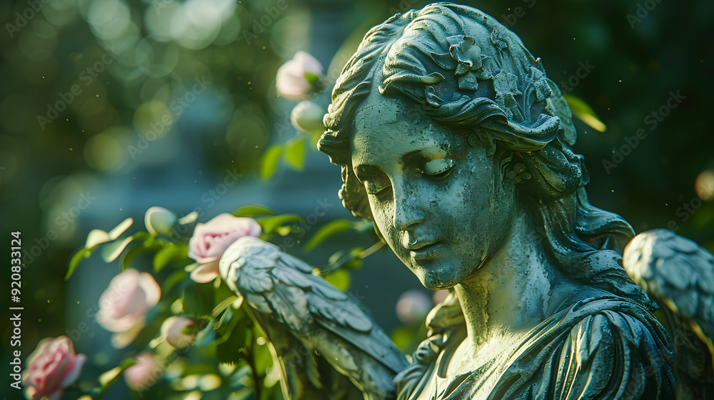 Fototapeta premium Image with background and place for caption and fragment of tragic sad angel statue at the cemetery. Funeral ceremony