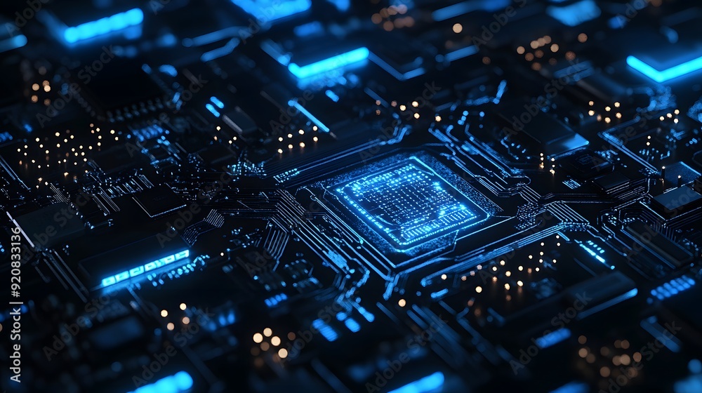 Cyberpunk circuit board, AI chip, blue neon glow, intricate microprocessor details, futuristic technology, electric blue highlights, depth of field, dark background. Cyberpunk circuit board, AI chip, blue neon glow, intricate microprocessor details, futuristic technology, electric blue highlights, depth of field, dark background.