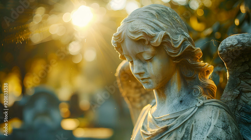 Image with background and place for caption and fragment of tragic sad angel statue at the cemetery. Funeral ceremony