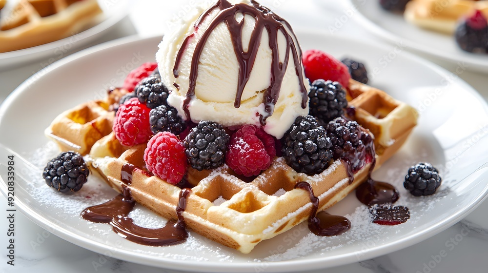 Decadent waffle dessert, vanilla ice cream scoop, fresh mixed berries, chocolate drizzle, crisp golden waffle texture, white ceramic plate, clean white marble table.