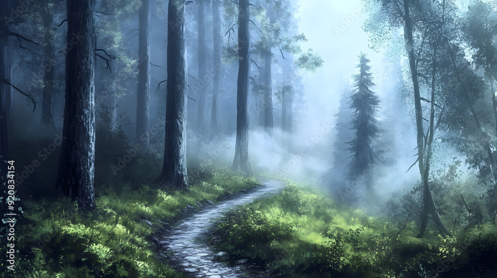 Fototapeta premium Misty Forest Path with Towering Trees - A visual of a narrow path winding through a misty forest, with towering trees on either side and a soft fog rolling in