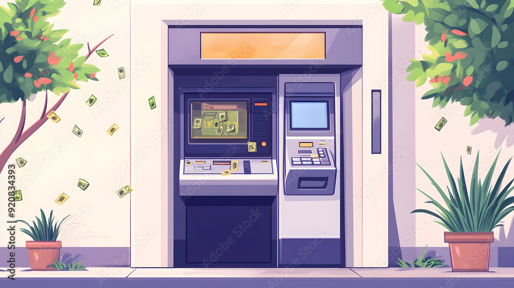 - An illustration of a modern ATM machine dispensing cash, with a focus on the withdrawal process - An illustration of a modern ATM machine dispensing cash, with a focus on the withdrawal process
