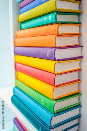 Wallpaper Mural A stack of perfectly aligned rainbow-colored books on a white shelf.  Torontodigital.ca