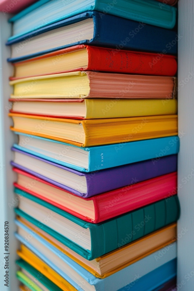 A stack of perfectly aligned rainbow-colored books on a white shelf. A stack of perfectly aligned rainbow-colored books on a white shelf.