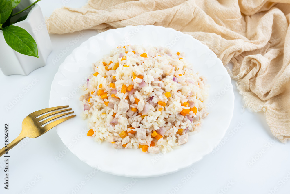 A plate of carrot and meat fried rice A plate of carrot and meat fried rice