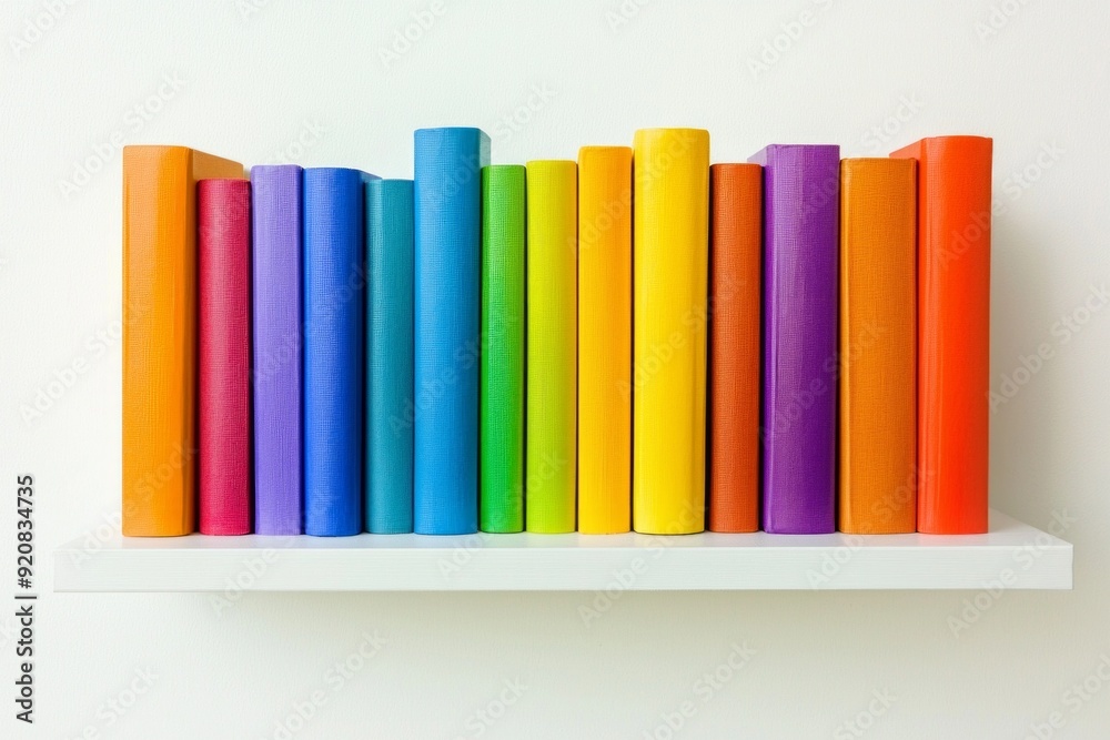 Naklejka premium A stack of perfectly aligned rainbow-colored books on a white shelf. 
