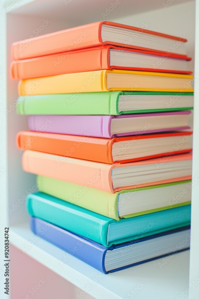 A stack of perfectly aligned rainbow-colored books on a white shelf. A stack of perfectly aligned rainbow-colored books on a white shelf.