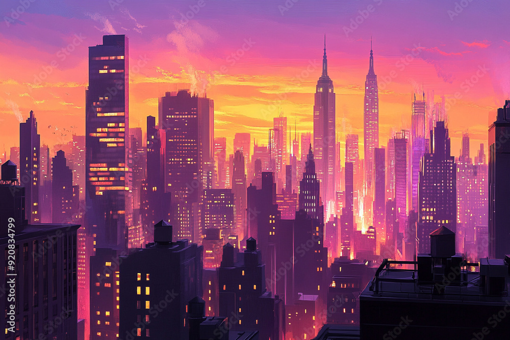 Fototapeta premium New York mit Sonnenuntergang