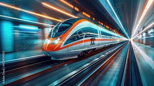 High-speed train traveling through an illuminated tunnel.