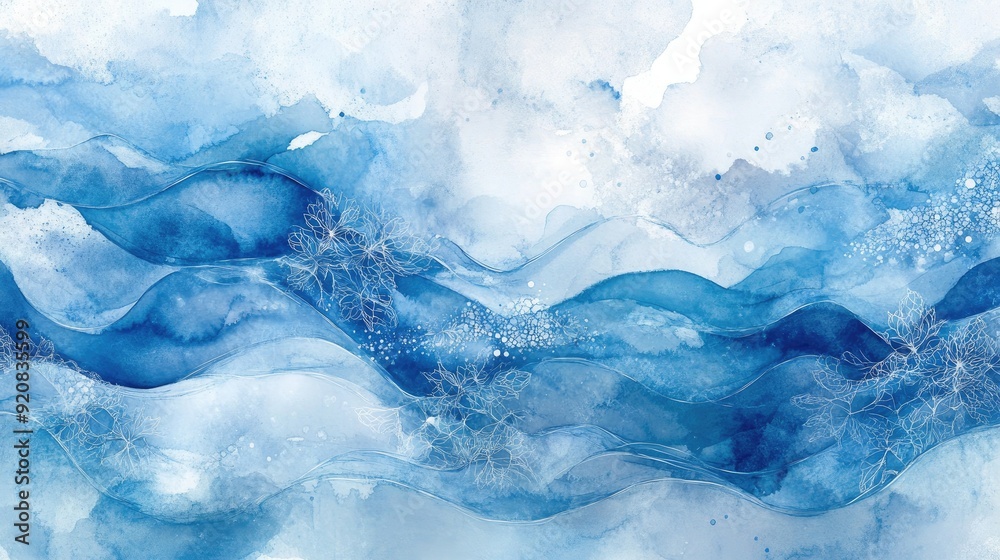 Abstract watercolor waves in shades of blue, accented with floral fractals and geometric lines, creating a visually stunning and artistic pattern. Abstract watercolor waves in shades of blue, accented with floral fractals and geometric lines, creating a visually stunning and artistic pattern.