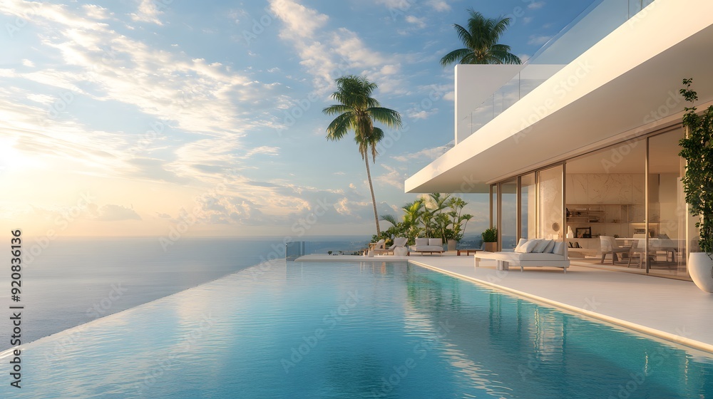Fototapeta premium Luxurious Mediterranean villa, infinity pool overlooking ocean, pristine white architecture, azure blue sky with fluffy white clouds, palm trees, panoramic sea view, sunlit terrace, modern outdoor fur
