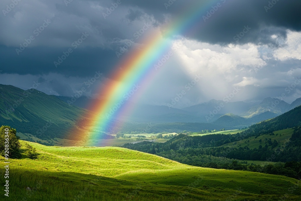 A vibrant rainbow emerging from dark clouds over a lush, green valley. A vibrant rainbow emerging from dark clouds over a lush, green valley.