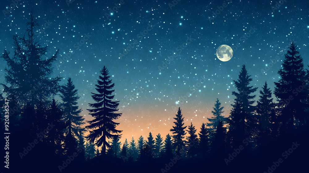 Naklejka premium Nighttime Forest with a Starry Sky - An illustration of a forest at night, where the silhouettes of trees stand against a sky full of stars, with moonlight casting a soft glow