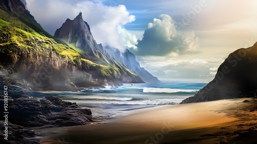 A dramatic seascape with towering cliffs and a sandy beach.