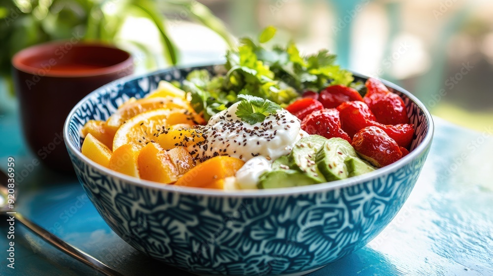 Close-up of a colorful breakfast bowl on a table, brimming with fresh ingredients, ideal for promoting healthy eating and morning routines. Close-up of a colorful breakfast bowl on a table, brimming with fresh ingredients, ideal for promoting healthy eating and morning routines.