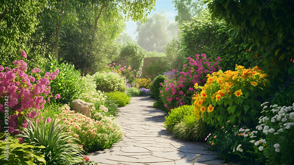 Fototapeta premium Picturesque Garden with a Variety of Plants and Blooming Flowers