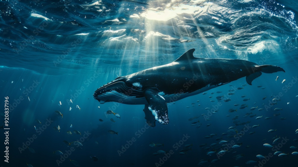 Fototapeta premium A whale swimming underwater, with rays of sunlight shining through the water surface. Whale in the deep blue ocean