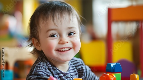 Cheerful Toddler with Down Syndrome Plays Joyfully with Colorful Toys in Bright Indoor Setting