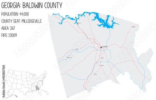 Large and detailed map of Baldwin County in Georgia, USA.