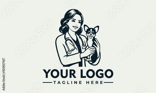 Female veterinarian examining small dog with stethoscope vector logo Female vet examines small dog with stethoscope. Perfect for veterinary clinic promotions, pet healthcare articles, and educational 