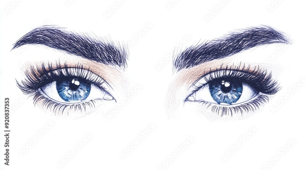 Hand-drawn illustration of alluring eyes with perfectly shaped eyebrows and voluminous, curled eyelashes. Ideal for a beauty salon's business card design, showcasing a perfect salon look. Hand-drawn illustration of alluring eyes with perfectly shaped eyebrows and voluminous, curled eyelashes. Ideal for a beauty salon's business card design, showcasing a perfect salon look.