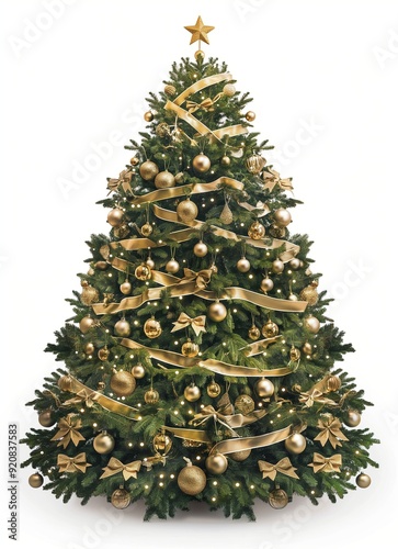 a decorated Christmas tree with gold ribbon and bows  photo