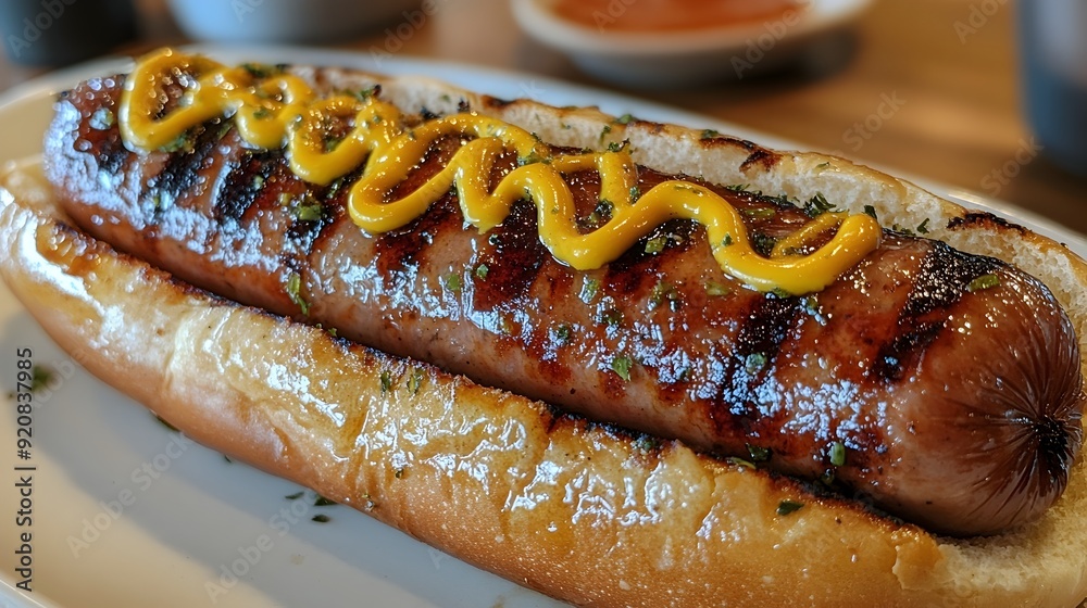 Grilled Sausage on Bun with Mustard and Ketchup Toppings on Wooden Table Grilled Sausage on Bun with Mustard and Ketchup Toppings on Wooden Table