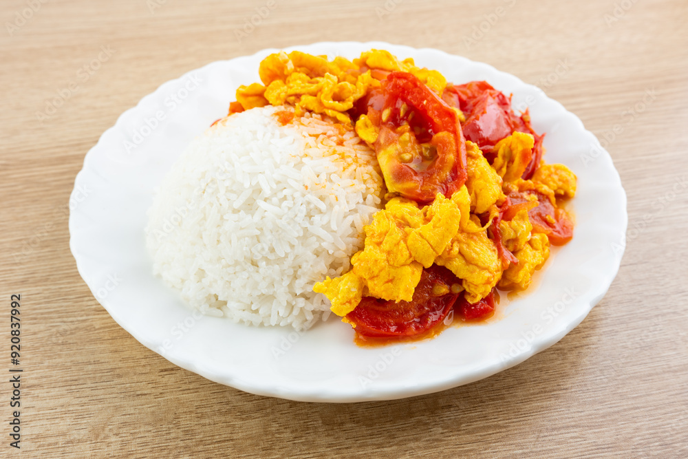 A dish of home-cooked tomato scrambled eggs with rice A dish of home-cooked tomato scrambled eggs with rice