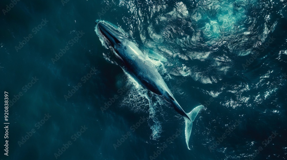 Fototapeta premium A majestic blue whale gliding through the deep blue ocean, its massive form and distinctive tail fin visible.