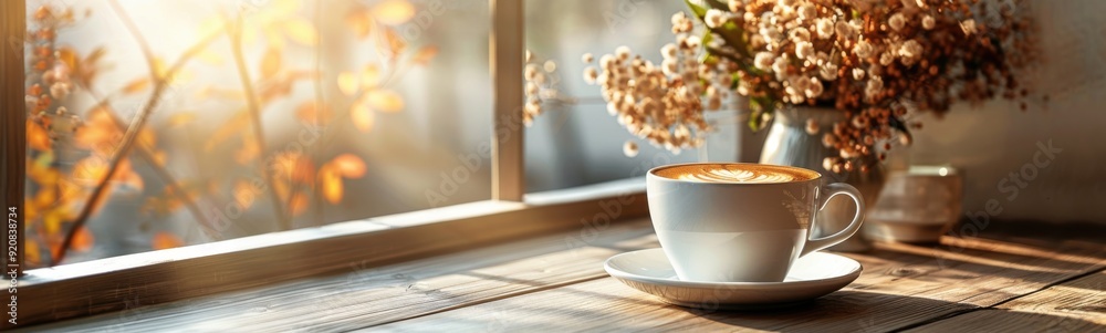 Cup of coffee on a saucer on a table, Banner, Copy space Cup of coffee on a saucer on a table, Banner, Copy space