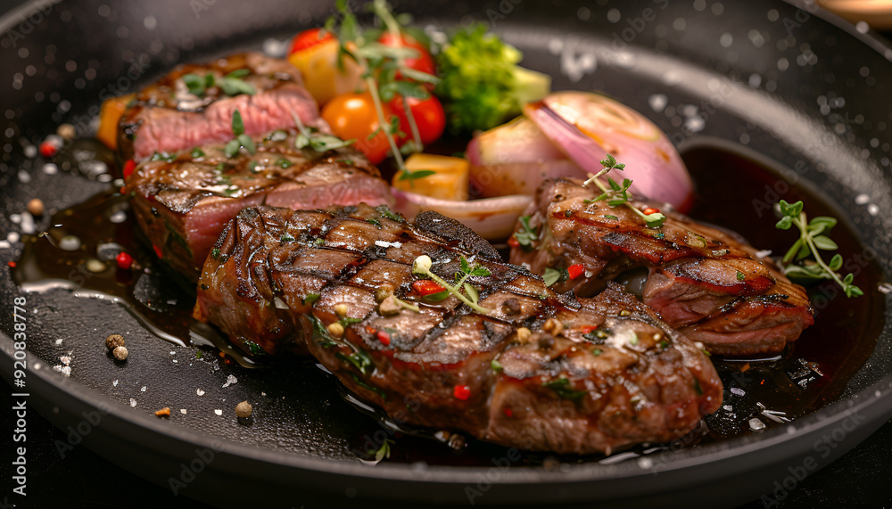 medium rare steaks, as a luxurious dish appetizingly served on the pan in five-star hotel medium rare steaks, as a luxurious dish appetizingly served on the pan in five-star hotel