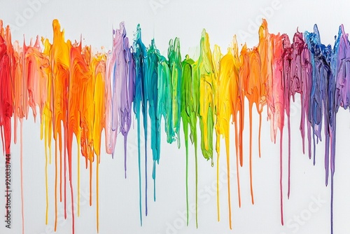 A white canvas with splashes of rainbow-colored paint dripping down in streaks. 