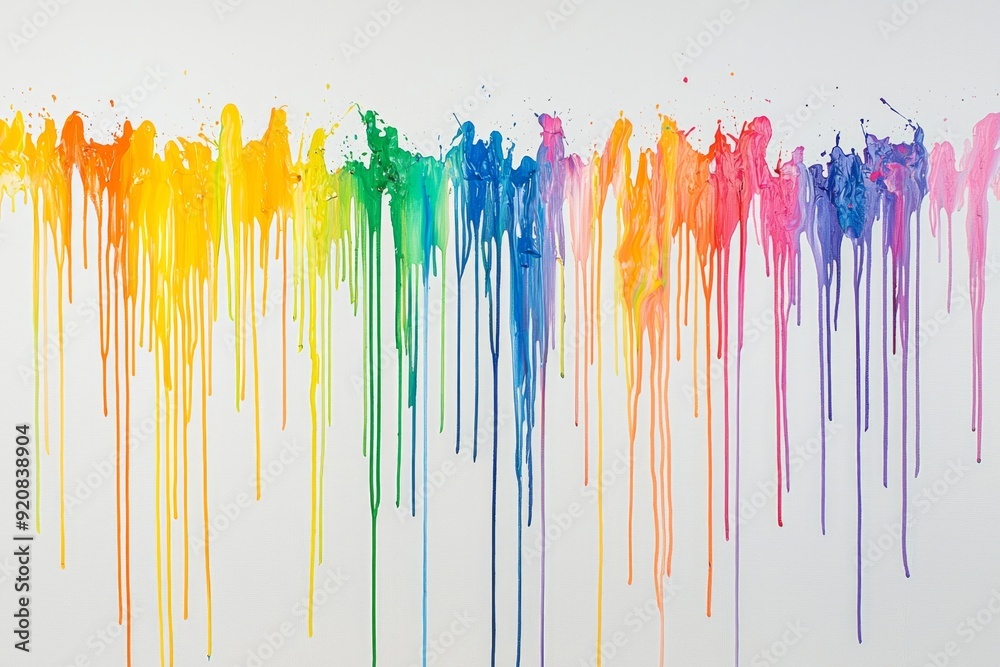 A white canvas with splashes of rainbow-colored paint dripping down in streaks. A white canvas with splashes of rainbow-colored paint dripping down in streaks.